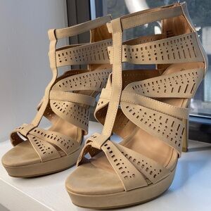 Elegant Beige Strappy Women's Peep Toe Heels